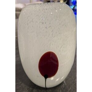 Modern ART GLASS Vase White Speckle with Red Dot Flower Brown Stem 7" Minimalist